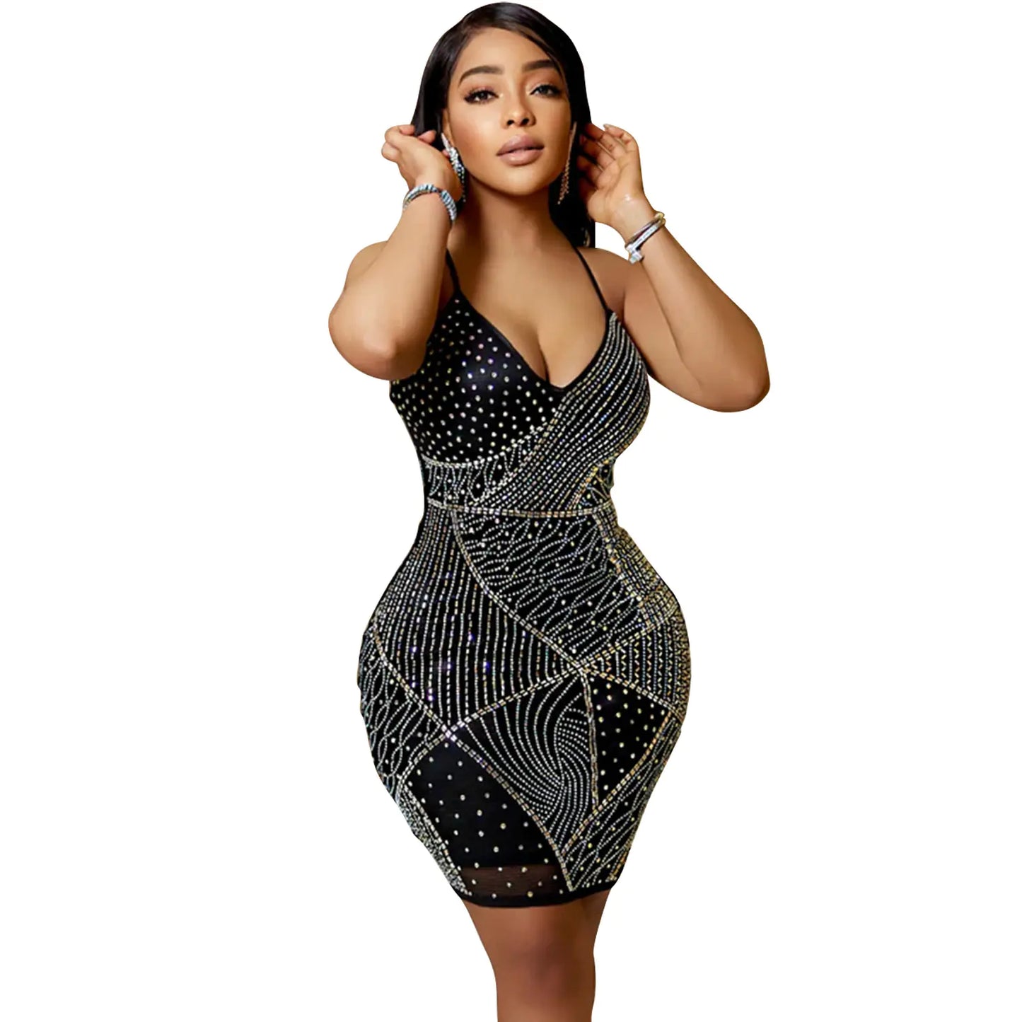 V-neck Backless Rhinestone Dress for Women