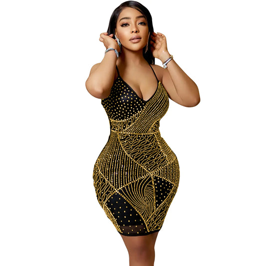 V-neck Backless Rhinestone Dress for Women